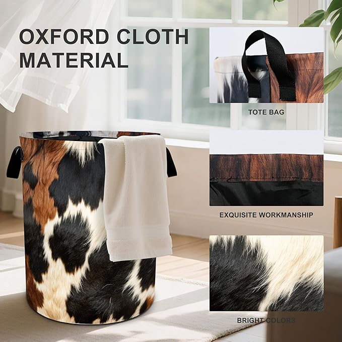 Brown Cowhide Laundry Basket Laundry Hamper With Handles Collapsible Laundry Baskets Storage Basket For Room Bathroom Bedroom Decor