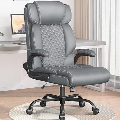 Office Chair-Executive High Back Breathable Comfy Desk Chair with Flip-up Armrests Lumbar Support-Ergonomic Leather Rolling Swivel Chair with Rock Function for Working Studying Gaming