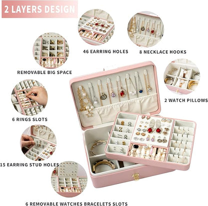 Earring Organizer for Women, 2 Layer Large Jewelry Box with Mirror, Handmade Gift Card and Wrapping Paper, PU Leather Jewellery Holder with Removable Tray for Birthday Wedding Gift,Pink