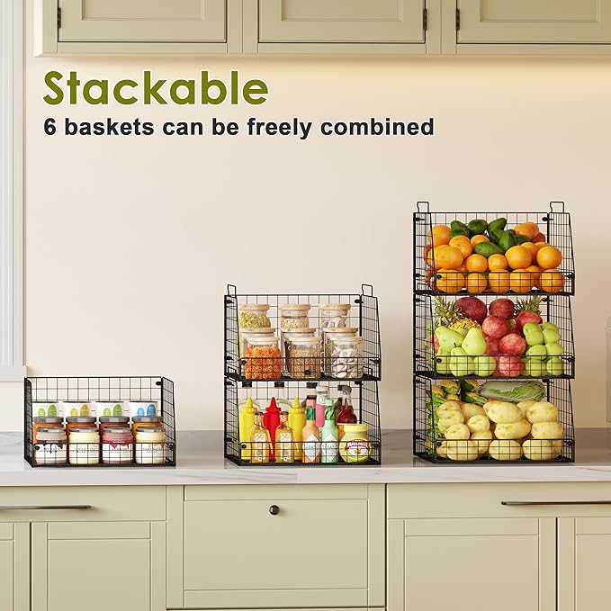 Jakyitvi 6 Pack Stackable Wire Baskets for Pantry,6 Pank Metal Pantry Organizer Storage Bins for Kitchen Snack, Fruit, Potato, Onion & Vegetable Storage, Wire Baskets for Pantry Organization