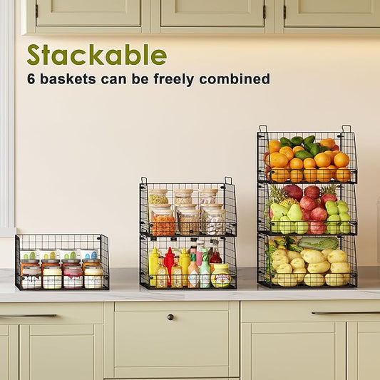 Jakyitvi 6 Pack Stackable Wire Baskets for Pantry,6 Pank Metal Pantry Organizer Storage Bins for Kitchen Snack, Fruit, Potato, Onion & Vegetable Storage, Wire Baskets for Pantry Organization