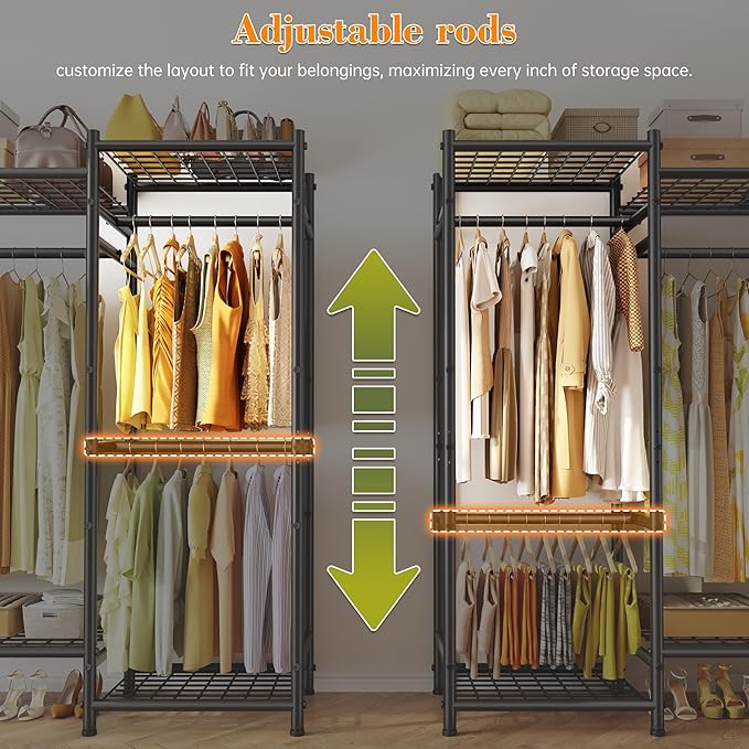 Raybee Portable Closet,Clothes Rack with 5 Hang Rods & 6 Shelves,Clothing Racks for Hanging Clothes,Metal Garment Rack for Bedroom,Large Capacity,Adjustable,Stury 66.5" Wx15.75 Dx74.8 H Black