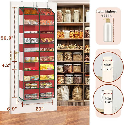 Over The Door Organizer 5 Tiers Extra Large Behind Door Storage of 10 | 80 lbs Weight Capacity Hanging Storage Organizer with Clear Window Kids Toys, Shoes, Diapers, Red
