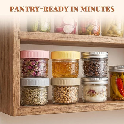 CycleMore 4 oz Glass Mason Jars – 24-Pack Small Canning Jars with Regular Mouth & Two Sets of Lids (24 Metal + 24 Plastic) – for Jam, Jelly, Spices, Overnight Oats, Wedding Favors