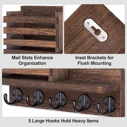 Lwenki Key Holder for Wall – Decorative Wooden Mail Holder and Key Shelf with Mounting Hardware, Installation Guide – Paulownia Wood with Metal Key Hooks (Brown, Large - 11.8inch)