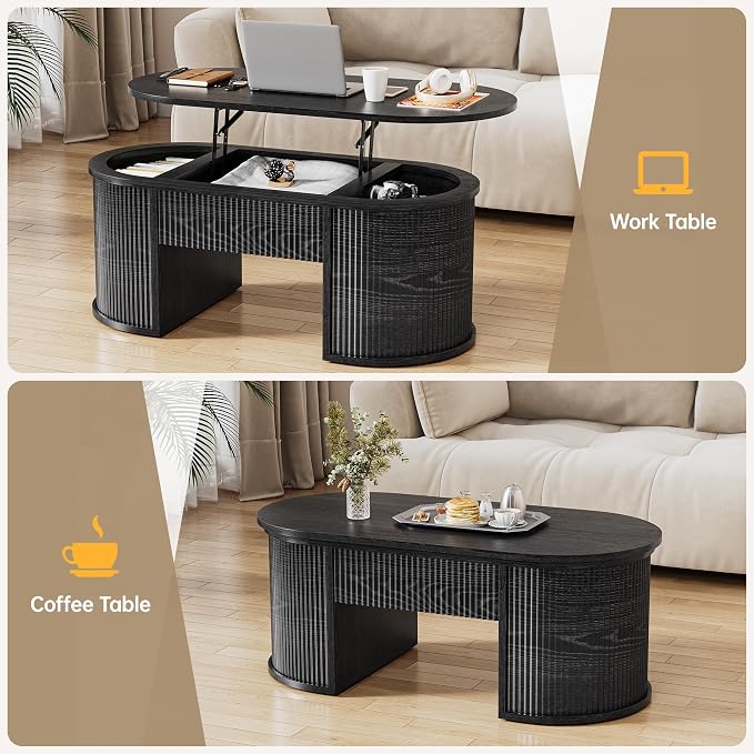 Fluted Lift Top Coffee Table with Storage, Oval Living Room Center Table with Hidden Compartment, Modern Mid-Century Wood Coffee Table for Small Spaces, Home Office, Living Room, Black