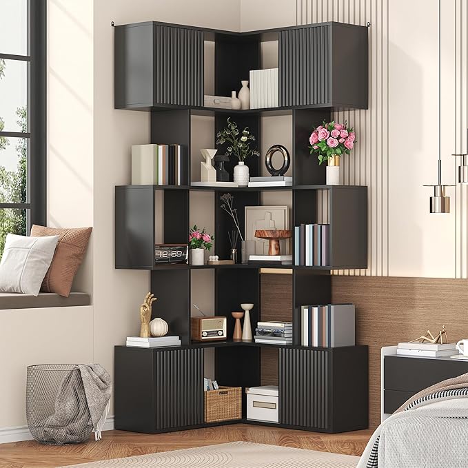 Semoic 71 inch Corner Bookshelf, 5 Tier Storage Bookcase, L-Shaped Cube Bookshelf, Wood Modern Book Shelf Organizer for Living Room/Home Office/Bedroom Display Unit, Black