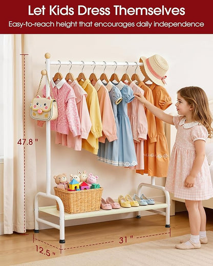 Clothes Rack - Sturdy Metal Kids Clothing Rack with Bottom Storage Shelf & Adjustable Feet, Dress Up Storage for Toddler's Bedrooms, Nurseries, Playrooms, 31" x 12.5" x 47.8", White