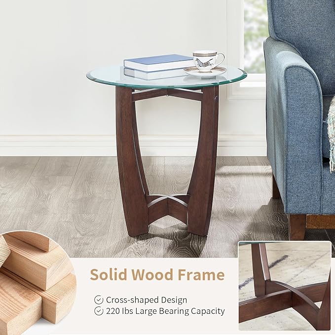 LKTART Glass End Table, 23.5" Round Side Tables with Tempered Glass Top Cross and Solid Wood Base Small Night Stand for Living Room Office Apartment Cherry