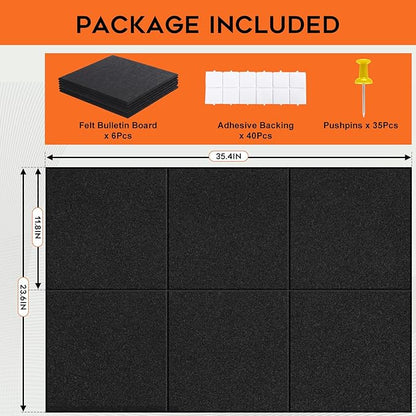 Large Cork Board, Black Bulletin Board 36"x 24", 6 Pack Felt Wall Tiles with 35 Pcs Pushpins, Pin Boards for Office, Home & Classroom