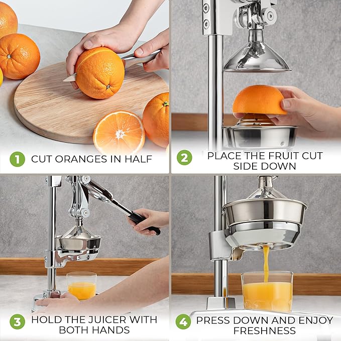 Zulay Kitchen Professional Citrus Juicer - Chrome Finish Manual Citrus Press and Orange Squeezer - Metal Lemon Squeezer - Extra Tall Heavy Duty Manual Orange Juicer and Lime Squeezer Press Stand