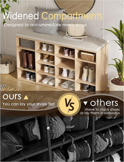 DINZI LVJ Shoe Storage Bench with Cushion, 16-Cubby Shoe Rack, Adjustable Shelves, 40.9" Long Shoe Organizer Bench for Entryway, Mudroom, Hallway, Garage, Natural and Cappuccino Beige