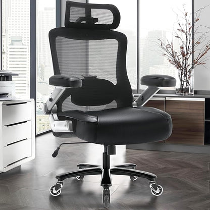 600lbs Big and Tall Office Chair- Heavy Duty Executive Computer Chair with 3D Flip Arms Large Wheels, Ergonomic Mesh High Back Desk Chair, Extra Wide Seat Adjustable Lumbar Support&Headrest
