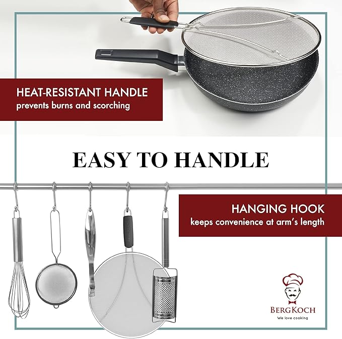 BergKoch Splatter Screen for Frying Pan - 9.5 Inch Stainless Steel Grease Splatter Guard - Cover Oil Splash when Sizzling Bacon, Cooking Fried Chicken or Popcorn