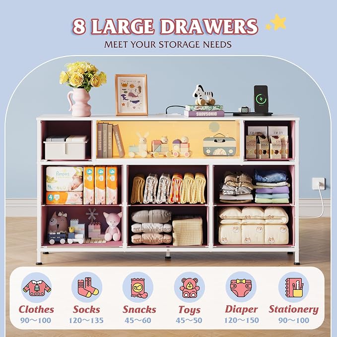 WLIVE Dresser TV Stand for 45, 50, 55 inch TV, Entertainment Center with LED Lights & Charging Station, Chest of Drawers with 8 Fabric Drawers and Open Shelves for Living Room, Hallway, A-Pink