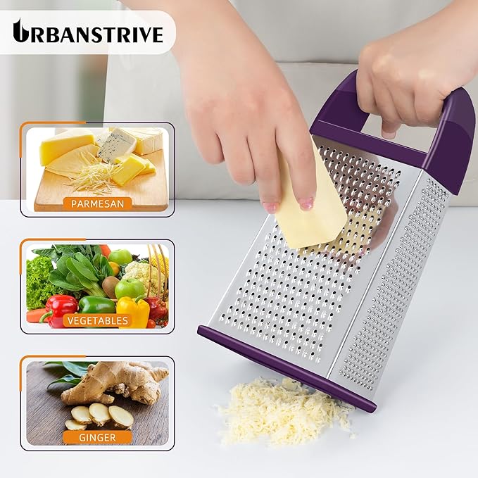 Urbanstrive Cheese Grater With Container, Professional Cheese Grater with Handle, Stainless Steel Graters for Kitchen Handheld, Box Grater with 4 Sides for Vegetables, Ginger, Potatoes (Purple)
