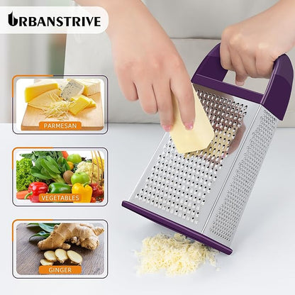 Urbanstrive Cheese Grater With Container, Professional Cheese Grater with Handle, Stainless Steel Graters for Kitchen Handheld, Box Grater with 4 Sides for Vegetables, Ginger, Potatoes (Purple)