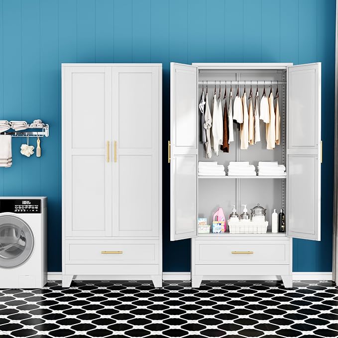 GAIOUS Metal Armoire Wardrobe Closet Cabinet with 2 Doors and Drawer, 71" | Household Wardrobe Cabinet with Hanging Rod, Clothing Storage Cabinet with Adjustable Shelf for Bedroom Cloak Room Gym White