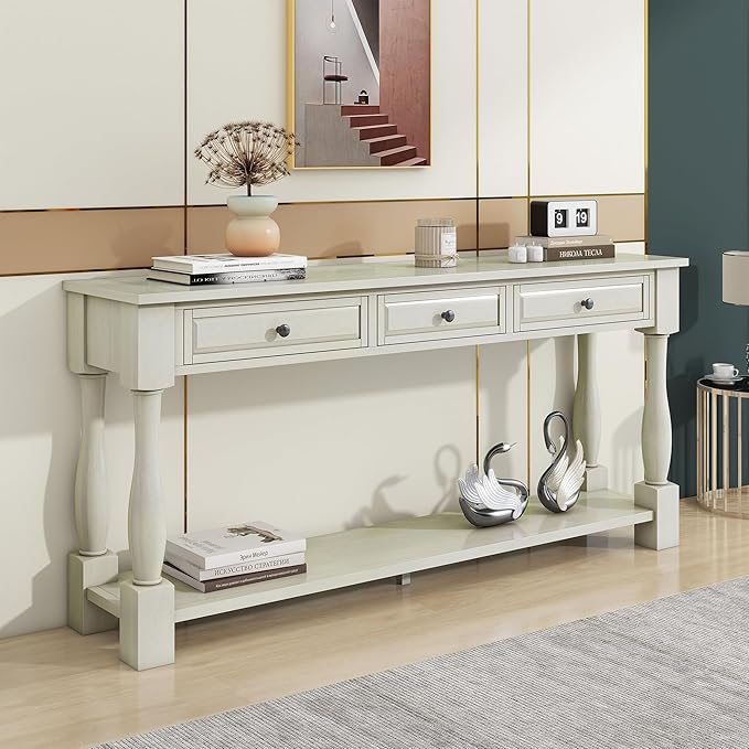 Knocbel 64 Inch Long Antique Entry Console Table with Drawers & Bottom Open Shelf, Solid Wood Sofa Couch Table for Entryway Hallway Living Room (Antique White)