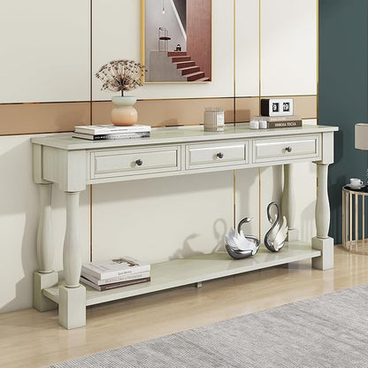 Knocbel 64 Inch Long Antique Entry Console Table with Drawers & Bottom Open Shelf, Solid Wood Sofa Couch Table for Entryway Hallway Living Room (Antique White)