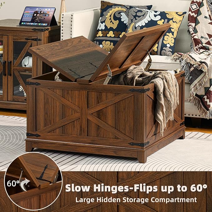 Farmhouse Coffee Table Set of 3, Furniture Set with Charging Station, Coffee Table with Hidden Storage Organizer and Nightsand 3-piece set, Country Center Table Set for Living Room,Office, Home