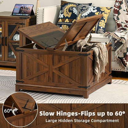 Farmhouse Coffee Table Sets 2 Pieces, Large End Side Tables with Charging Station and Coffee Table with Hidden Storage Compartment, Black Living Room Table Set, Wood Furniture Sets for Home Office