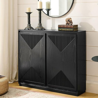 LKTART Buffet Cabinet Sideboard with Storage, Mid Century Modern Credenza with Doors & Shelves, Wood Small Coffee Bar Media Console Table for Kitchen, Living Room, Entryway-Black