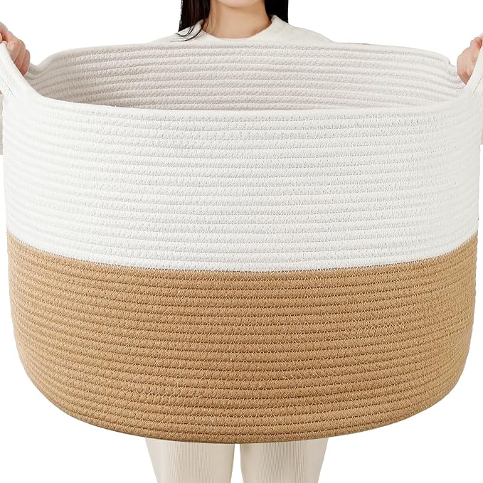 Foldable Laundry Hamper Basket with Collapsible Handle Cotton Rope Soft Woven Fabric Storage Organizer Clothes Toys Nursery Bedroom Dorm Space Saving Bin (White & Camel, 80L(21.7"D x 13.8"H))
