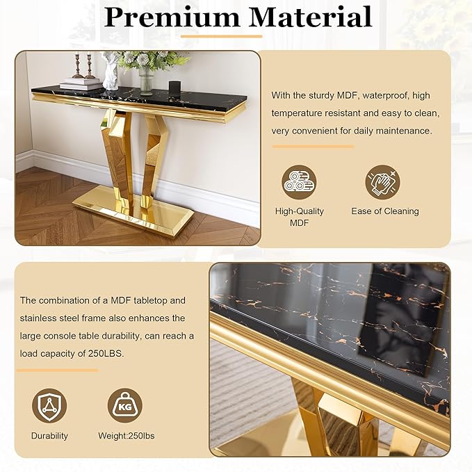 47 inch Gold Console Table, Modern Entryway Table with Diamond-Shaped Metal Base for Entrance, Hallway, Living Room (Black Faux Marble & Gold)