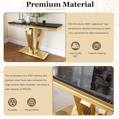 47 inch Gold Console Table, Modern Entryway Table with Diamond-Shaped Metal Base for Entrance, Hallway, Living Room (Black Faux Marble & Gold)