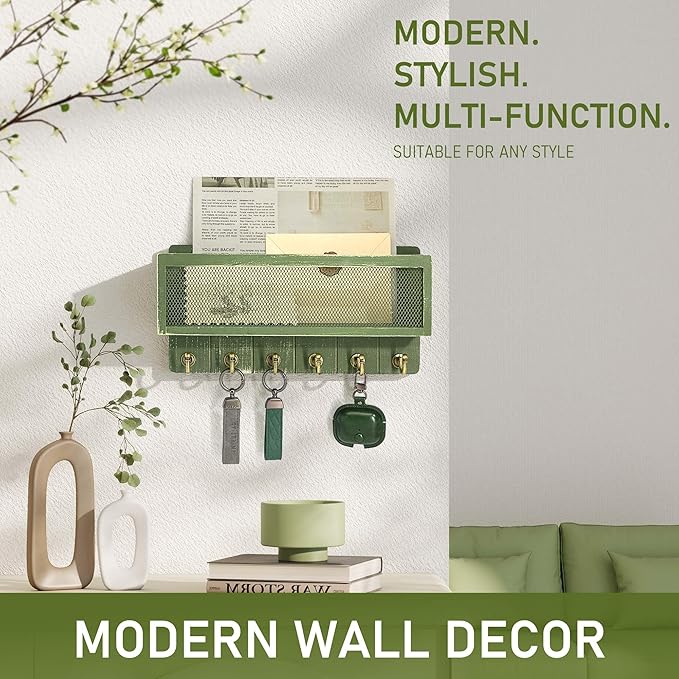 Rebee Vision Pine Wood Mail and Key Holder for Wall Decorative – Key Holder Wall Mount with Hooks and Mail Basket for Home Essentials – Wooden Farmhouse Storage Rack for Apartment (Green)