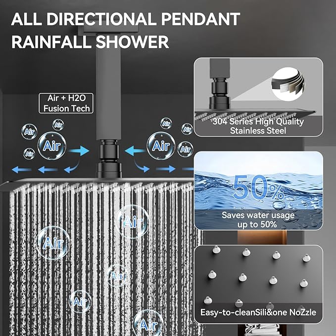 Shower System with Body Jets, Bostingner Four Modes Shower Faucet 10+6" Rain Shower Head with Handheld Spray 2 Ways, 4Pcs Shower Jets System in Wall Shower Faucet Sets Complete, Matte Black