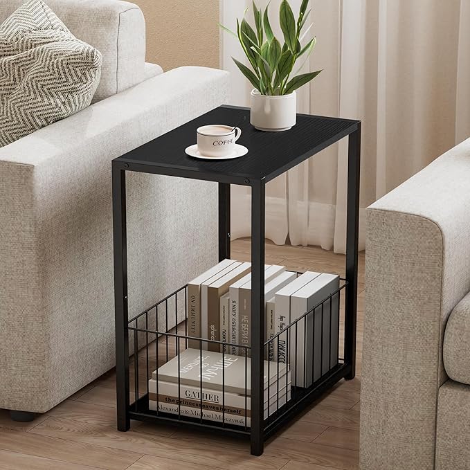 Side Table with Magazine Holder, Record Player Stand with LP Shelf, End Table for Living Room, Bedroom, or Bedside, Easy Assembly, 11" D x 16.9" W x 23.6" H, Black