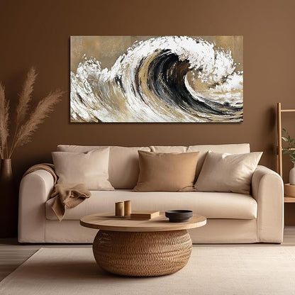 Belmrxne Coastal Wall Art Gold and Black Wall Decor Modern Ocean Canvas Painting Modern Artwork Textured Wall Hanging for Living Room Bedroom Office Decor 24x48 Inches