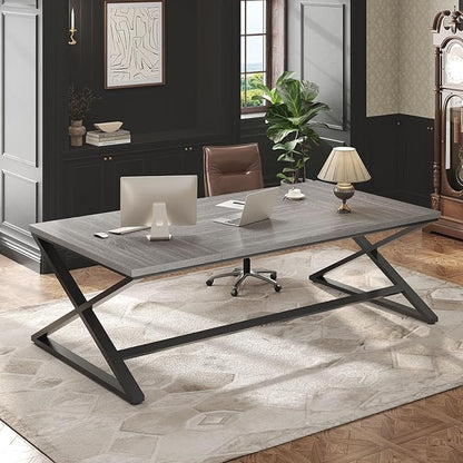 IBF Large Home Office Computer Desk, Industrial Long Work Study Writing Desk, Simple Executive Conference Table for 2 Person, Wood Metal Double Pc Gaming Workstation in Bedroom, Light Grey Oak, 70 in