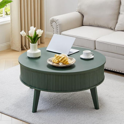 Round Lift Top Coffee Table with Storage, 35.4'' Fluted Wood Center Table Mid Century Modern Coffee Table with Lifting Top for Living Room, Office, Small Space Green