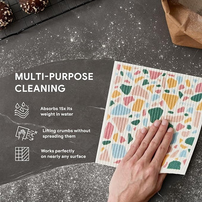 RECYCO Swedish Dishcloths for Kitchen | 5 Pack Urban Boho Terrazzo Washable Dish Rags | Cellulose Reusable Cleaning Paper Towels | Absorbent Counter Dish Cloth Sponge Kitchen Wipes, 8" L x 7" W