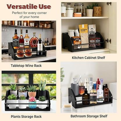 Mini Coffee Syrup Rack, 2-Tier | Syrup Bottles Holder, Liquor Bottle Display Shelf, Rustic Wooden Countertop Organizer, For Coffee Bar, Spirits, Tea