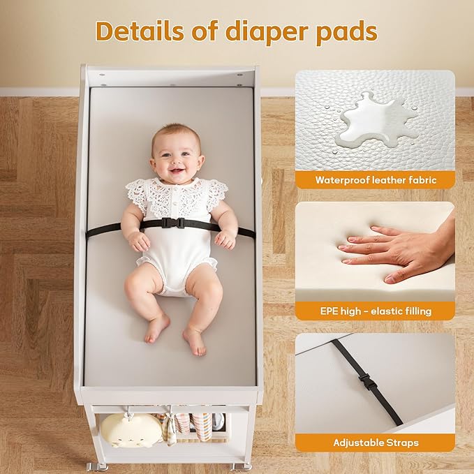 DTK Changing Table Dresser with Clothing Rack and Storage Shelf,3-Drawer Baby Dresser with Changing Table Top,Diaper Changing Station with Waterproof Pad,Mobile Dresser for Nursery,White