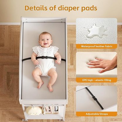 DTK Changing Table Dresser with Clothing Rack and Storage Shelf,3-Drawer Baby Dresser with Changing Table Top,Diaper Changing Station with Waterproof Pad,Mobile Dresser for Nursery,White