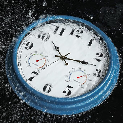 JENLYSTIME 16 Inch Blue Vintage Waterproof Indoor/Outdoor Wall Clock with Thermometer & Hygrometer, Large Numerals & Silent Sweep Movement - Ideal for Porch, Garden, Pool, Bathroom