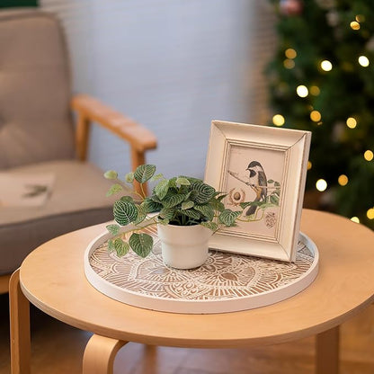Hanobe Large Round Decorative Tray: Boho Coffee Table Trays Centerpiece for Home Decor - Farmhouse White Washed Rustic Serving for Women Kitchen Counter Ottoman