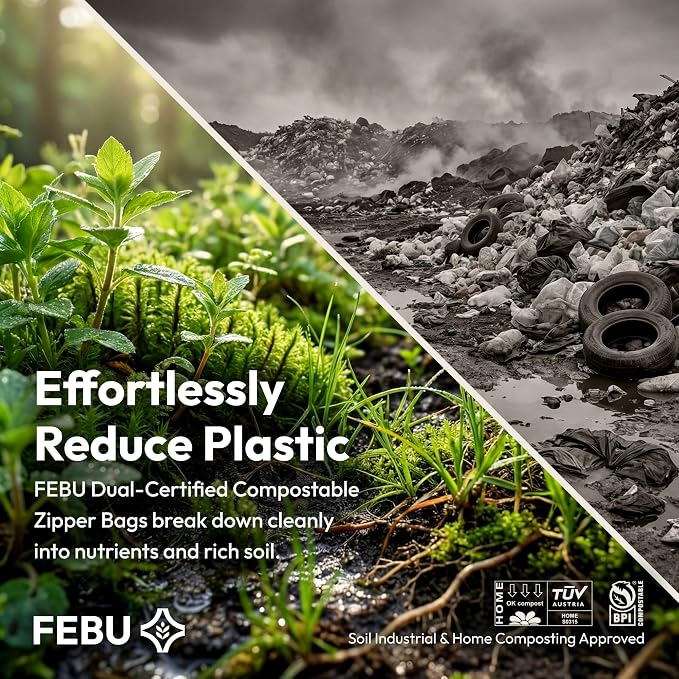 FEBU Sandwich Compostable Food Storage Bags, 180 Count | Certified Home Compostable & Biodegradable | PFAS & BPA Free Zipper Bags | Leak-Proof & Resealable | 6.5"x 5.88”