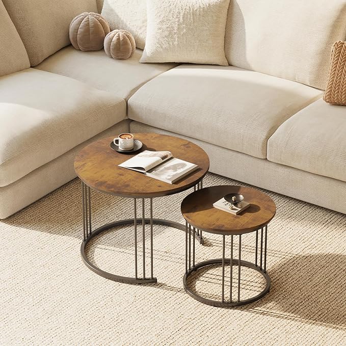 Garden 4 you Nesting Coffee Table, 23.6" Round Coffee Table Set of 2, Wooden Nesting Table with Metal Frame, Ceter Tables for Living Room Bedroom Balcony, Rustic Brown