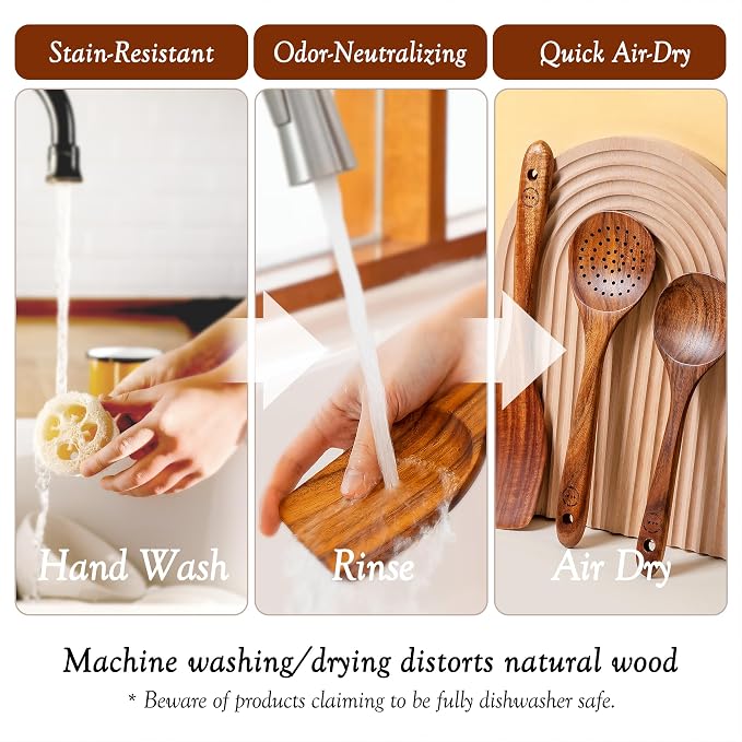SOOMGYEOL SEOM 12-Piece Teak Wood Cooking Utensil Set | Wooden Spoons, Spurtles and Spatulas, Holder and Spoon Rest Included, Nonstick Safe Kitchen Tools