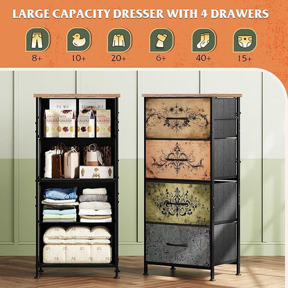 WLIVE Dresser with 4 Drawers, Storage Tower, Organizer Unit, Fabric Dresser for Bedroom, Hallway, Entryway, Closets, Sturdy Steel Frame, Wood Top, Easy Pull Handle, Pattern