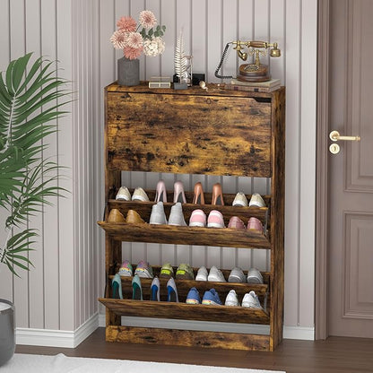 Shoe Cabinet with 3 Flip Drawers, 47" Slim Hidden Wood Shoe Storage Cabinet with Adjustable Shelf, Freestanding Narrow Shoe Rack Organizer for Entryway, Hallway, Brown