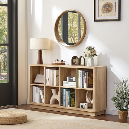 8 Cube Storage Book Shelf, 52" Long Horizontal Bookshelf with Curved Edge, Floor Standing Wooden Cubby Bookcase with Base, Modern Low Console Book Case, TV Stand for Living Room, Natural Oak