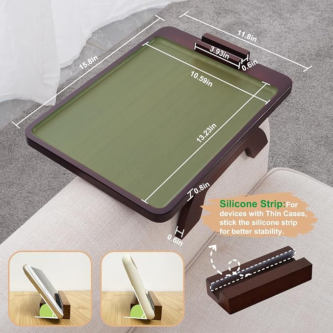 SINWANT Couch Arm Tray Table, Large Space 15.75"x 11.8" Bamboo Couch Armrest Table with 360° Rotating Phone Holder,Foldable Sofa Armrest Tray for Eating Snacks Drinks Remote Books