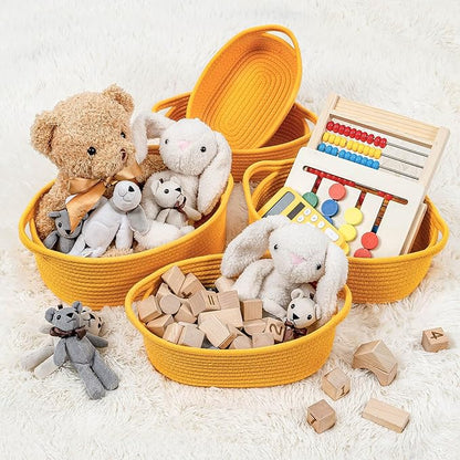 CubesLand Small Cotton Rope Storage Basket Set 5, Shelves Baskets for Organizing with Handle, Decorative Closet Storage Bins for Countertop Toilet Paper Basket for Toilet Tank Top,Yellow Basket
